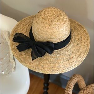 Woven Straw Hat with Chiffon Scarf